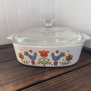 Vintage Pyrex Glass Casserole Dish with hard to find Country Festival Design
